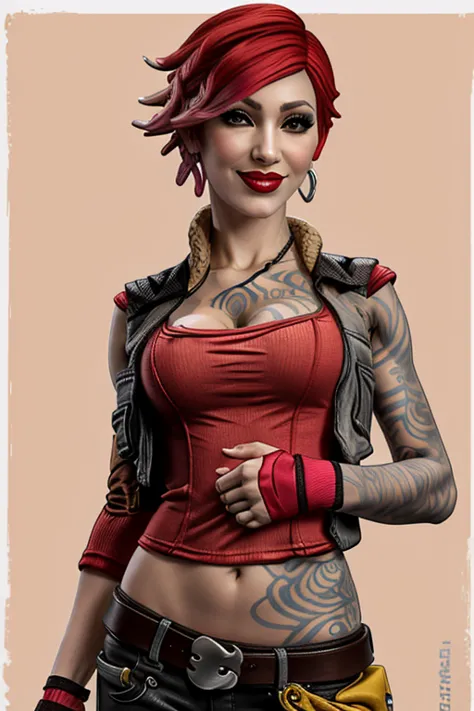 lilith (borderlands), 1girl, arm tattoo, bare shoulders, breast tattoo, breasts, buckle, chest tattoo, cleavage, cloud, collarbone, cropped vest, drum (container), earrings, eyelashes, faux figurine, fingerless gloves, fishnets, from below, handgun, holdin...