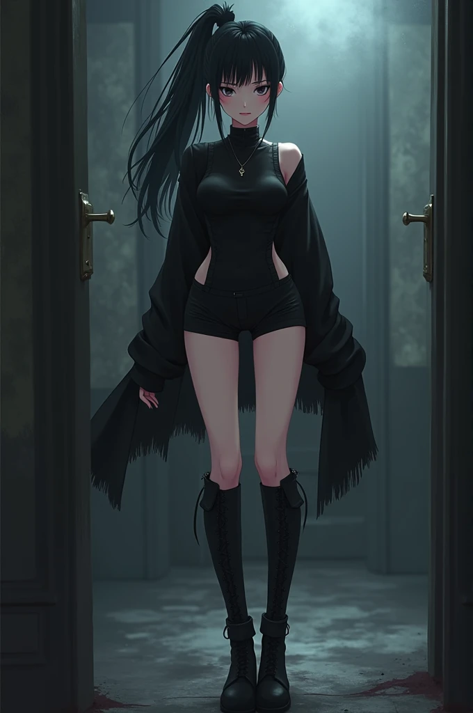 A female anime ,  who wears a black emo ,  with black shorts and long black boots,  bodysuit with a black ponytail 