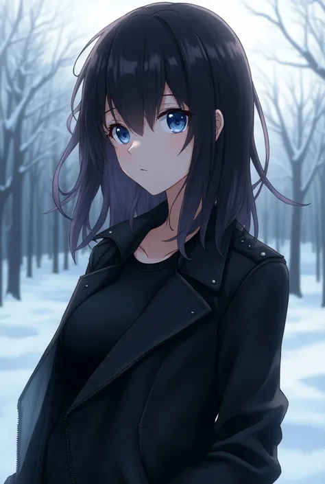  high quality ,  anime and real world style , Mai Sakurajima  (from anime "bunny girl"),  brunette with beautiful blue eyes, in a black jacket ,  outside winter 