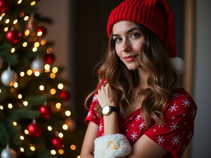 photography of a modern Christmas scene with a  woman twenty three years old.  She has long wavy soft brown  hair and is standing next to a beautifully decorated Christmas tree. She is wearing a red Christmas bonnet . She is dressed in the latest fashion, ...