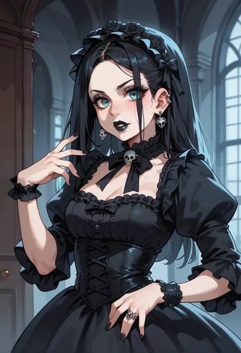 Vivi Nefertari, gothic lolita cosplay, piercings, black lipstick, stoic, spooky mansion,