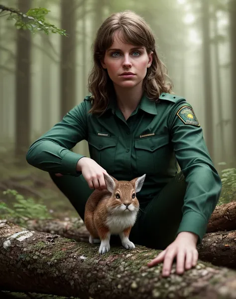 a (upper body shot) photograph of (beautiful 25 year old) (t4y10r woman:1.1) with medium brown hair as a (forest ranger), wearing a (dark green) ranger uniform,(holding a small rabbit:1.1),(sitting on a fallen tree log:1.2) along a hiking trail in a pine f...