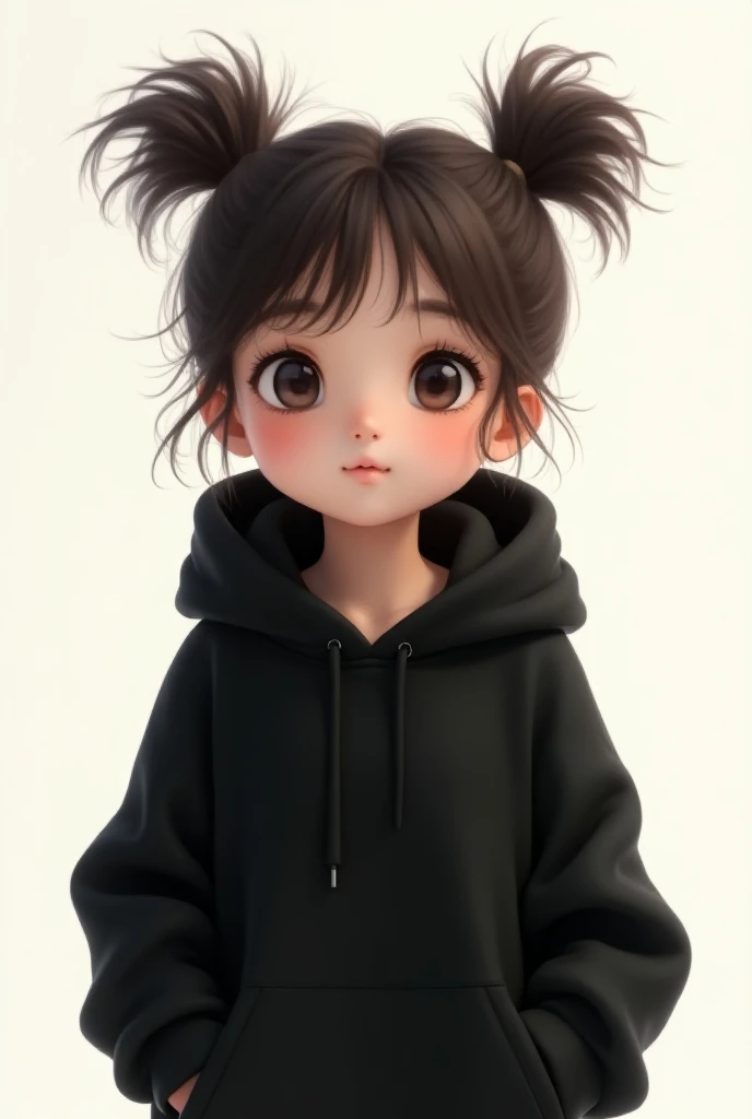 A girl with 2 pony tails wearing an oversized black hoodie



