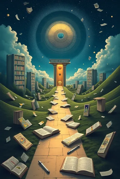  Image of the road to memory 
Create the image taking into account the following points 

•imposing door with an eye or ear symbol around it open books ,  pens and watches

• along the way add concepts in different seasons such as repetition symbolizes it ...