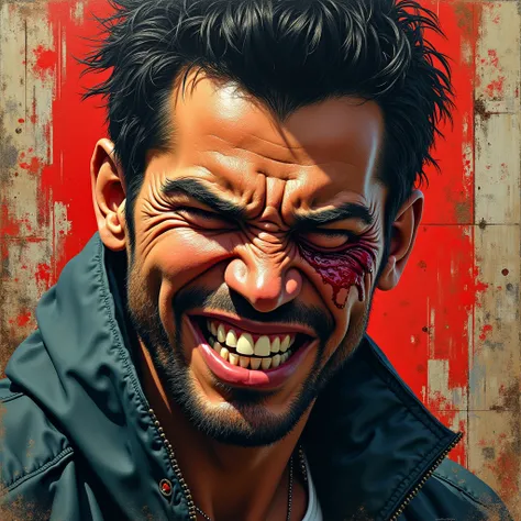 Create an ultra-detailed, painted cover art illustration a mans face showing the raw impact of a punch, with realistic details of the bruise, skin texture, and intense expression. Use a hip-hop-inspired background with urban elements like graffiti and bold...