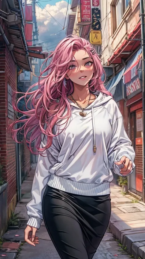 ((masterpiece, best quality:1.3, high detail)), beautiful woman walking, smile, long wavy hair, (pink hair), hairpin, bright purple eyes, light blush, ((white sweatshirt)), (long black midi (pencil skirt)), midriff, navel, necklace, bracelets, collarbone, ...