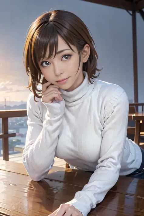 (8k,  premium quality, Table:1.2), (Realistic,  by IVE:1.37),  ultra-high resolution ,  ankles with your hands,A girl, cute , Alone, beautiful detailed sky ,date,(Redden your nose),(laugh:1),(Closed mouth) ,, beautiful, detailed eyes , Touch the short cut ...