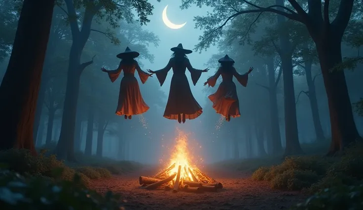 Three female witches flying separately in the woods at night around a campfire 