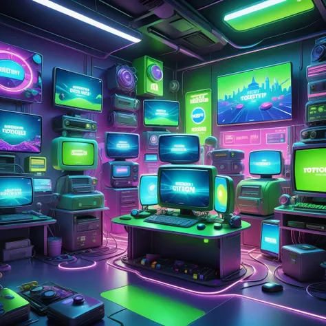 Best quality, masterpiece, ultra high resolution, (photorealistic:1.4), raw photo, Shot: a neon-lit room filled with screens, flashing notifications, and dozens of open windows on a computer screen.
Colors: Bright, cool neon shades of blue, green, and purp...