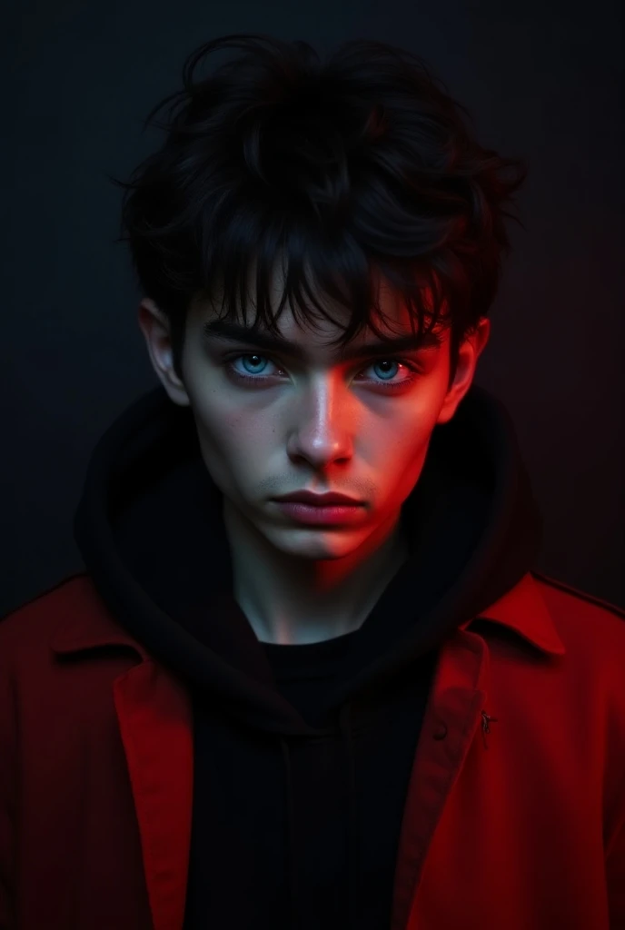 A 18years boy with black and red clothes and blue eye names off Shadab at black and red background 