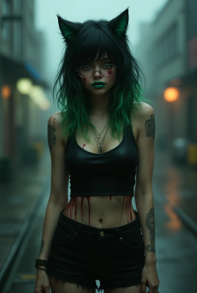 black hair with green highlights, wolf cut hair, girl, glasses, freckles, cat ears, mascara, green lipstick, foggy city, blood on face, determined expression, sweat, tank top, miniskirt