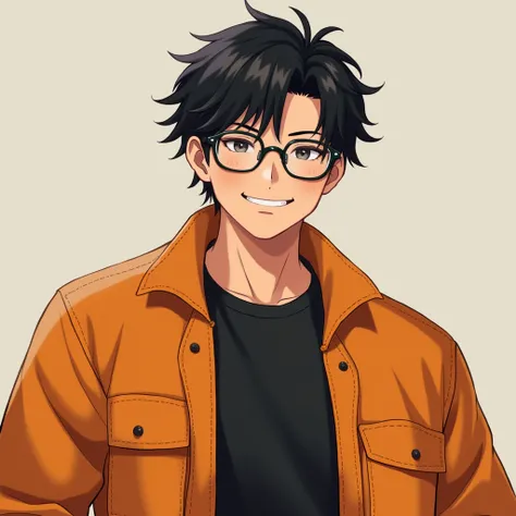  High resolution,  masterpiece , necessary,  Anatomically correct,  Best quality ,  lyrics,  short hair,  black hair ,  messy hair , reading glasses, asian features, young man, wearing black shirt with orange jacket, slightly chubby, confident smile,  full...