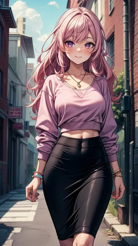 ((masterpiece, best quality:1.3, high detail)), beautiful woman walking, smile, long wavy hair, (pink hair), hairpin, bright purple eyes, light blush, ((white sweatshirt)), (long black midi (pencil skirt)), midriff, navel, necklace, bracelets, collarbone, ...