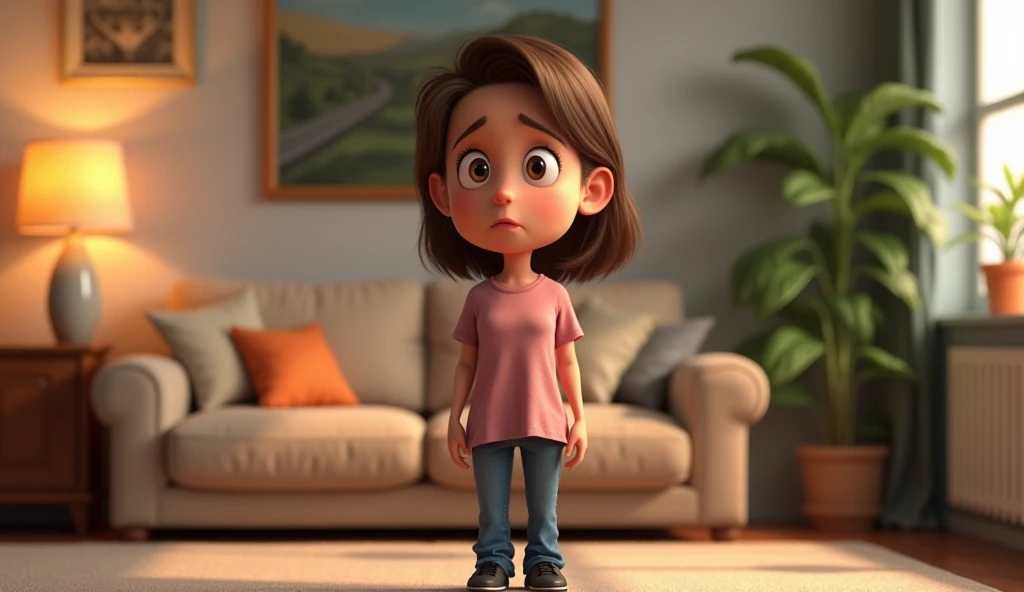 woman, 40 years, thin,  brown hair shoulder length,  brown eyes , with a worried expression,  wearing pink shirt and long pants jeans , black sneakers with black laces , standing, in the living room. Pixar style