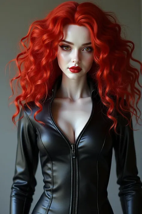 ((best quality)), ((masterpiece)), (detailed), perfect face personagem feminino, white pele ,  curly hair voluminous curls type 2c /3A,  two white front locks only in the front,  rest of the red hair ,  wearing gloves up to the elbows ,  light brown eyes ,...