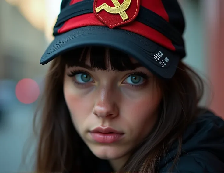 Close-up on a black and red base-ball cap, with a soviet golden star, and the text "Novaya Moskva Boys" written in white, weared by a very pretty 20 years old woman, with long black hairs and a bang haircut, big blue eyes.