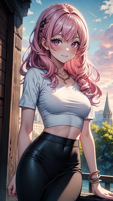 ((masterpiece, best quality:1.3, high detail)), beautiful woman, smile, looking at viewer, long wavy hair, (pink hair), hairpin, bright purple eyes, light blush, (white crop top), (long black midi (pencil skirt)), midriff, navel, necklace, bracelets, colla...