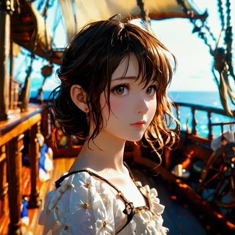 a young woman who has short brown hair and brown eyes, With a Manish appearance, She wears a rough white shirt with bandage wrapped around her flat chest, Shes standing on an 1800 English ship deck