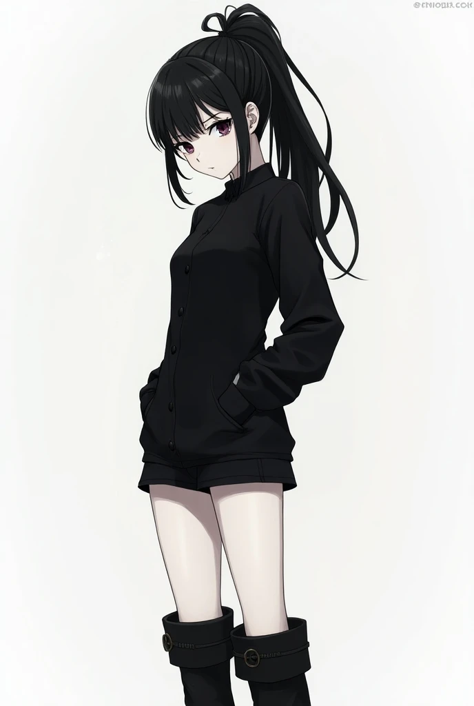 anime, pale white skin color , girl, with a black shirt , black hair in a ponytail , a black shorts, with a waist and long boots