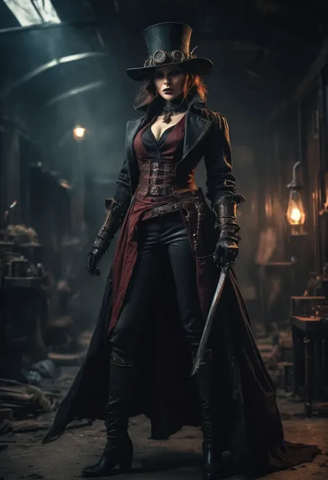 A demonic vampire hunter, steampunk-inspired outfit, dark fantasy atmosphere, hyperrealistic style, cinematic framing, highly detailed, 8k, photorealistic, dramatic lighting, moody color palette, gritty textures, mechanical elements, flowing fabric, intens...