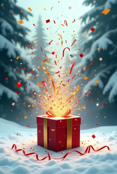 An open gift, from which an explosion of confetti and streamers erupts. In the snowy forest