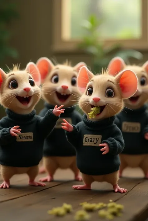 4 Animated mice that you are smoking marijuana , That they have a black sweater on 1 that says Sebastian 2 that says Gary 3 that day Nano 4 that says Broñoo
