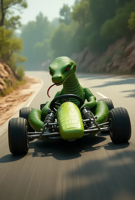 Create an image of a snake in green and black driving a kart