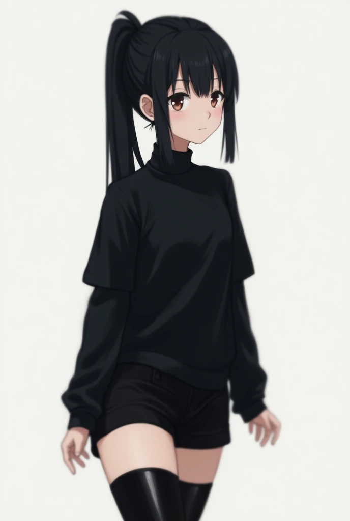 anime, pale white skin color , girl, wearing a black shirt with  ,  black hair and a ponytail , a black shorts,  with a waist and long black boots.