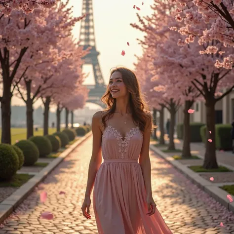 shes standing on a cobblestone path lined with cherry blossom trees in Paris at sunrise. She’s wearing a flowing, pastel-colored dress with delicate lace details. The scene is lit with a soft, golden glow, with the Eiffel Tower visible in the background, p...