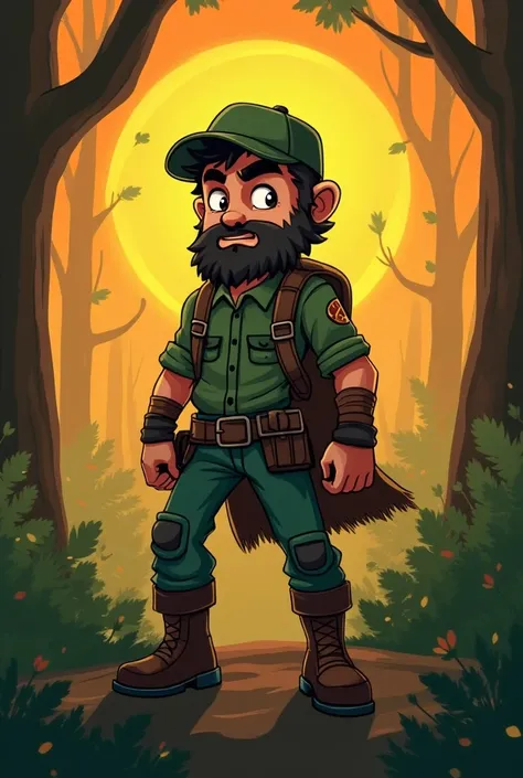 Generate a poster the size of the poster is 70 cm X 100 cm for a video game about deforestation and fires the game is called ECO WARRIOR the game is 2D and is about COP16 and environmental awareness the character is a man with a cap and with the title ECO ...