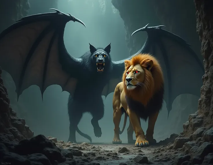 A majestic lion with a large golden mane stands in a dark cave, its eyes glowing a fierce red, as a massive dark bat with wide wings hovers nearby, the two creatures sharing the cavern space, with low light casting shadows across their forms.