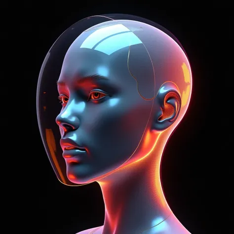 

Prompt:

"Generate a hyper-realistic 3D render of a human head viewed from the front, showcasing a futuristic, translucent helmet integrated into the face. The helmet should be made of a holographic material that reflects vibrant colors like neon orange,...