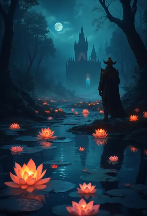 score_9, score_8_up, score_7 there are glowing lotus flowers floating in a stream of water, they shed dark red light, reflected in the river, the stream travels through a dark and gloomy forest, there is haunted castle near the river, at night, moon and st...