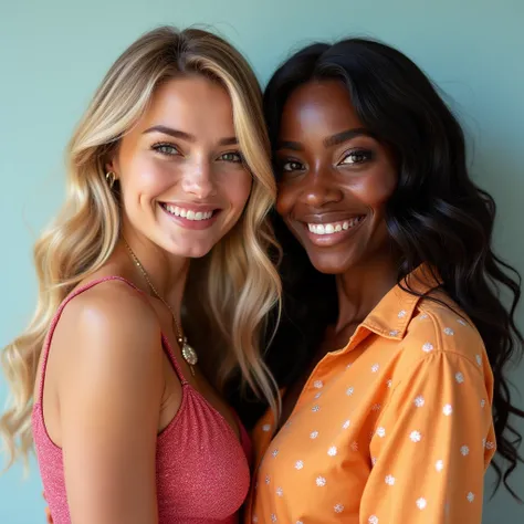  make an extremely realistic high-resolution photo of two female human models between 24 and 30 years old,  with fun and relaxed poses ,  a blonde model and a black model .  They use various accessories and modern clothes , Your clothes are very cheerful a...