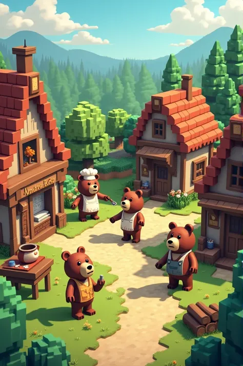  are all cute bears, and the town is a blacksmith, There must be a pharmacist , chef, woodcutter, I need to be a farmer, draw it in the Minecraft version