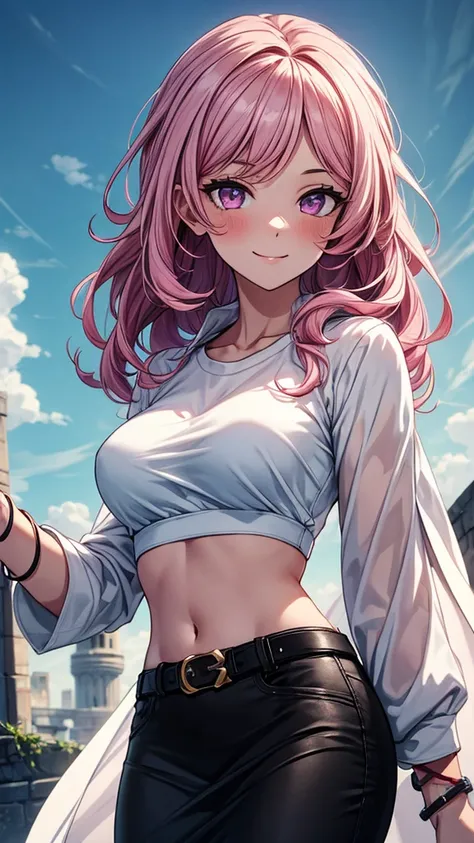 ((masterpiece, best quality:1.3, high detail)), beautiful woman, smile, looking at viewer, long wavy hair, (pink hair), bright purple eyes, light blush, (white shirt crop top, large sleeves), (long black midi (pencil skirt)), midriff, navel, bracelets, bel...