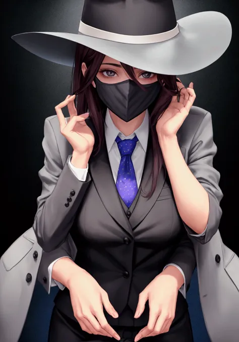 You look handsome in the suit, tie, Fedora ,  vest and hat wears a mask that covers her entire face, she is all smooth and has two holes for her eyes,