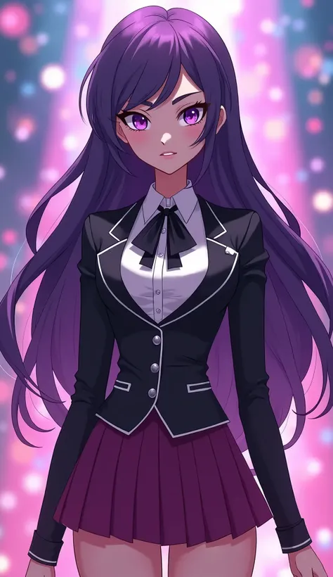 Zatanna from DC Super Hero Girls 2019, long purple hair, straight purple hair, sparkly purple hair, magical purple hair, Zatanna is a beautiful teenage girl with fair skin and a distinctive hourglass figure, thick light indigo hair that reaches mid-thigh w...