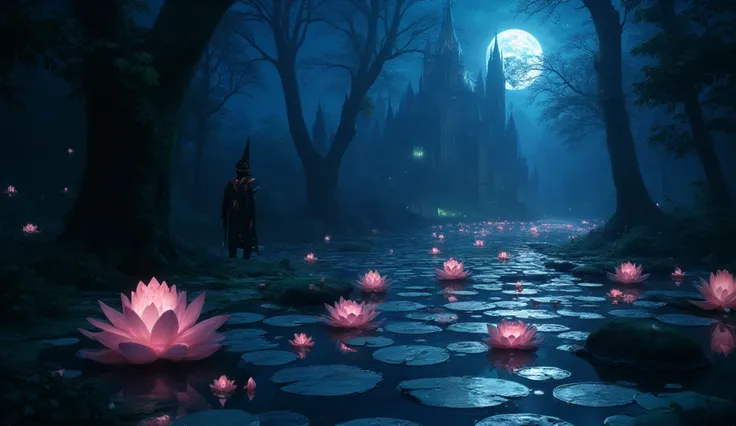 score_9, score_8_up, score_7 there are glowing lotus flowers floating in a stream of water, they shed dark red light, reflected in the river, the stream travels through a dark and gloomy forest, there is haunted castle near the river, at night, moon and st...