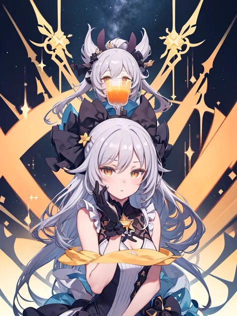 place from honkai star rail, place,  Stylish Poses , Gazing into the glass, Orange Drink ,  Anatomically Correct Honkai Star Rail 1Girl , Grey Hair,  Golden Eyes , Facial beauty,  Rich Blue Dress , frills, Bar Background, Decorative, masterpiece,  high qua...