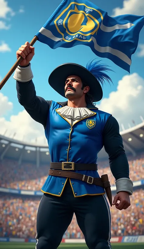 With a muscular and commanding presence, the Grêmio Musketeer stands in a vibrant arena, proudly wearing his blue, black, and white outfit. His strong frame is accentuated by a fitted blue doublet with black sleeves, while a ruffled white shirt adds classi...