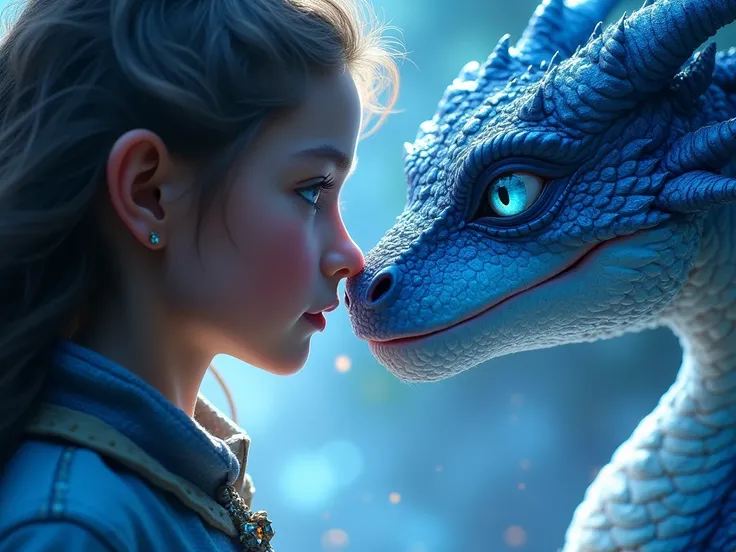 Fantasy art style of a close-up, intimate moment between a young girl and a blue dragon. Their faces are inches apart, with the dragons scales shimmering in icy blue tones and the girls face illuminated by the dragons glow. The girls expression is one of a...