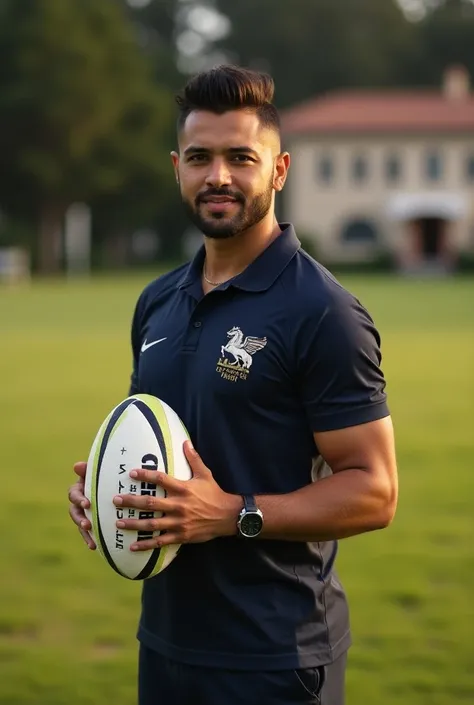  I want you to take a picture of me showing the emblematic animal of Carrasco Polo Club,  holding a rugby ball where everything is set in the Carrasco Polo  ( their colors and everything )