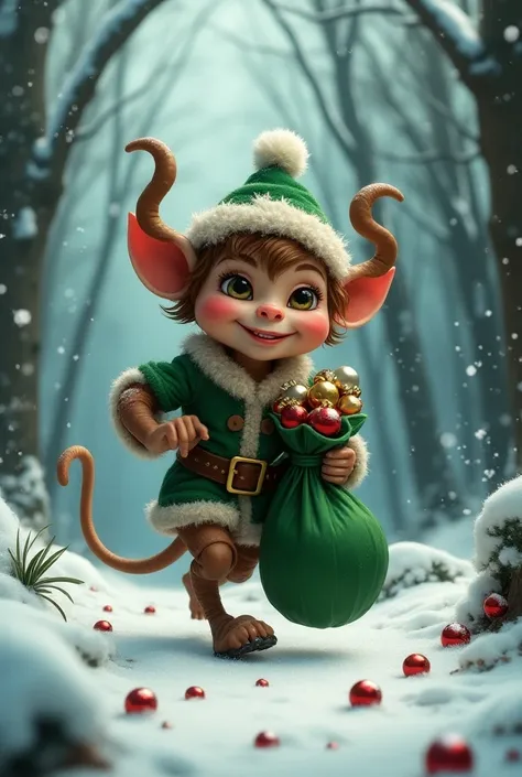 A sly little imp with a grin, hooves and a long tail. Dressed as a New Years elf with a green bag on his shoulders. Steals Christmas tree toys and puts them in his bag. In the winter forest