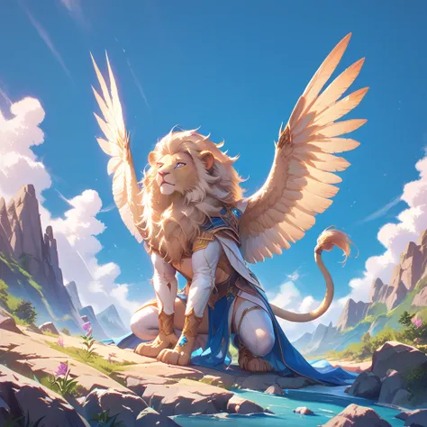 score_9, score_8_up, score_7_up, ((Masterpiece)), ((highres)), ((1person)), beautiful detailed female chimera, lions head, lion mane, wings, talons, scorpion tail, on all fours, part animal part human, all 4 limbs of a lion, human head and body, magical an...