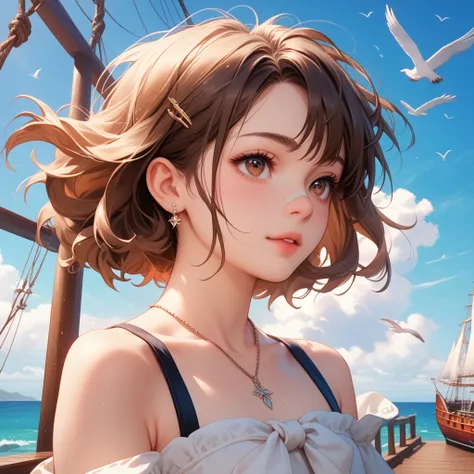 A female with short brown hair and expressive, large brown eyes stands on a wooden ship deck under a bright blue sky with fluffy clouds. She wears a loose, worn white shirt with subtle stains, Flat chest wrapped with bandage giving a sense of a hardworking...