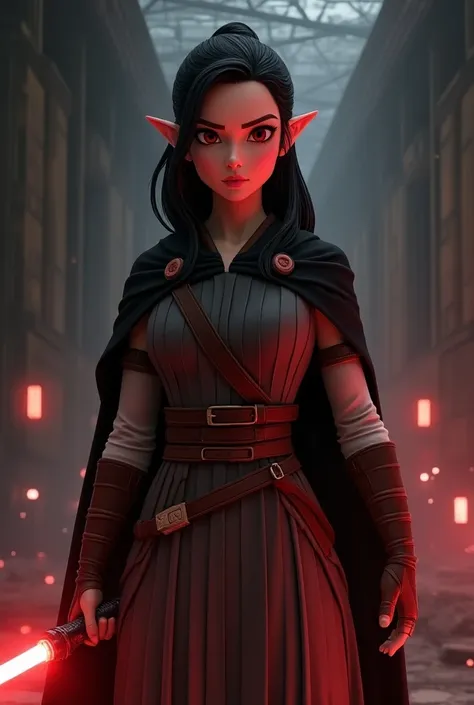  A full body photo of Princess Zelda .,  black hair , red eyes, dressed as Rey Skywalker, 30 YEARS, maduro, XL Bust,  holding a red lightsaber in one hand ,  Wearing a black cape with red details , struggling, in battle position , bottom:  Inside the Death...