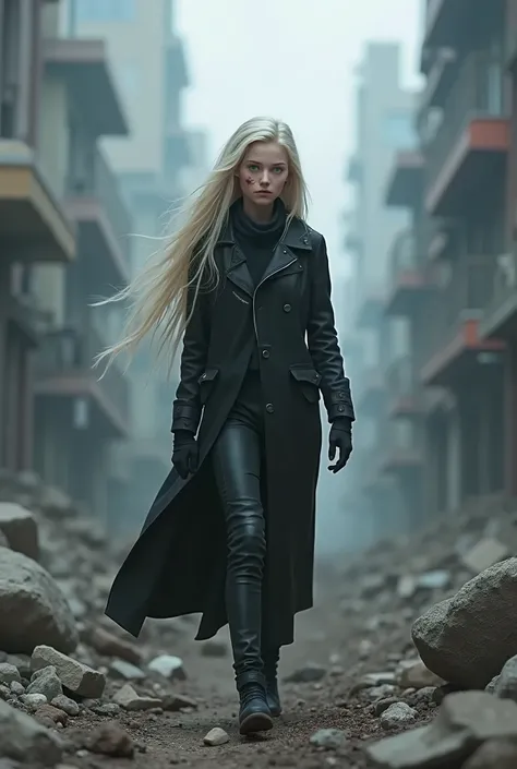  girl, set in dystopian world, in a ruined city, some bruises, pale blonde hair, blue eyes, beautiful, Slavic features, long blonde hair,  courageous, introverted, fast, , smart, ethereal beauty, slender, pale fair skin, pale eyes, wearing black futuristic...