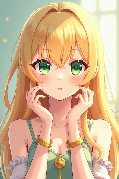 Anime style girl hair with golden cuffs , long blonde hair yellow blouse big green eyes