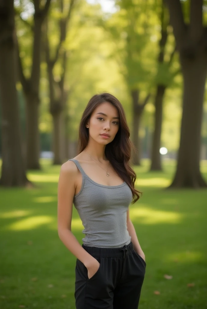  Beautiful woman standing in a park ,  with a natural and relaxed expression , wearing modern casual clothing ,  illuminated by the soft light of the evening,  with trees and a blurred background .